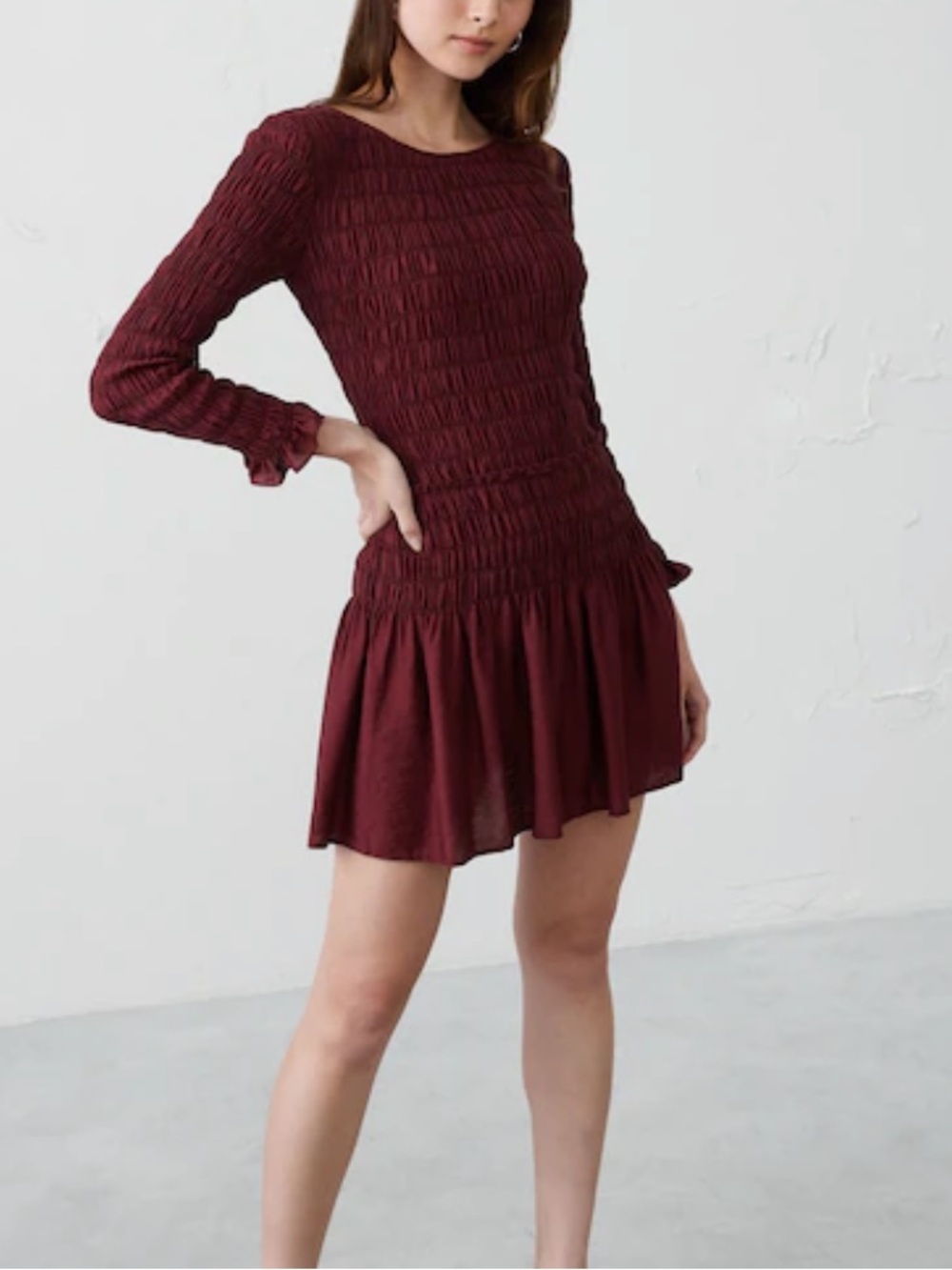 Banana Republic Factory Burgundy Smocked Long-Sleeve Mini Dress
